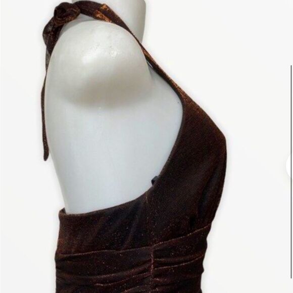 Vintage Cache Copper Bronze Halter Marilyn Style Metallic Pleated Dress - Picture 3 of 6